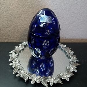 EXQUISITE Godinger Cobalt Blue Crystal 6" Egg Trinket Holder From Hungary